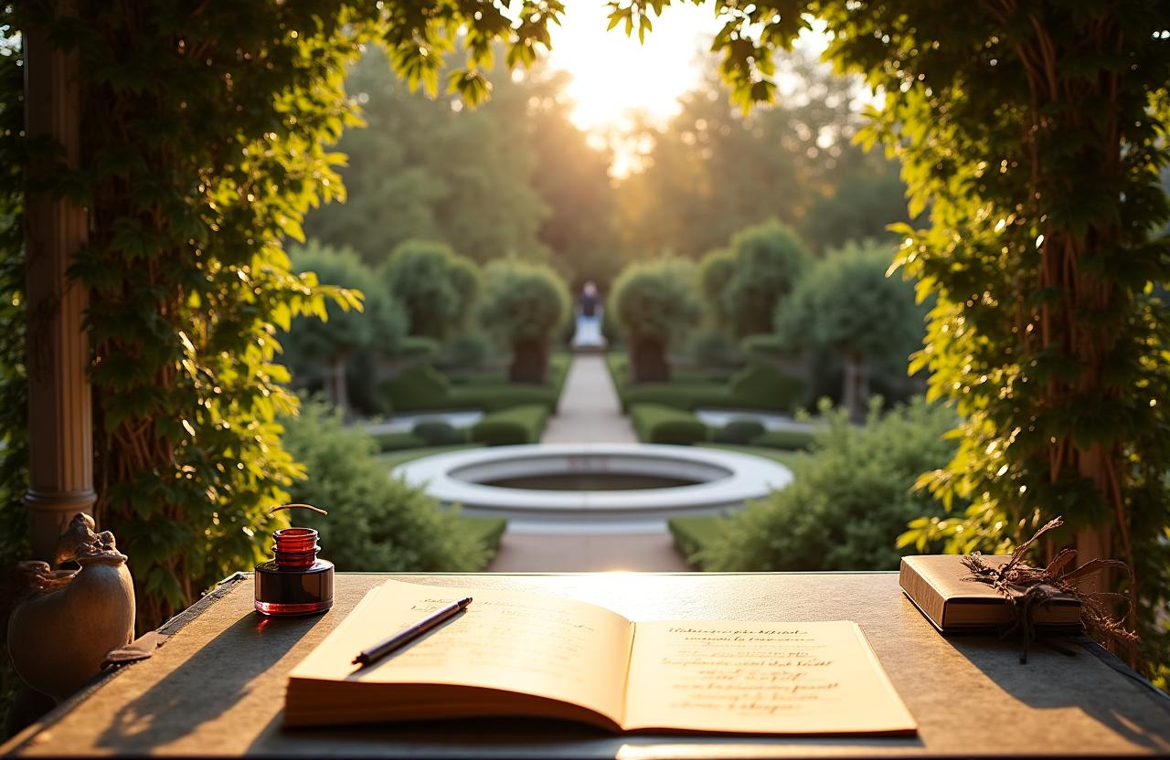 Un jardin parisien élégant avec des éléments de design calligraphique