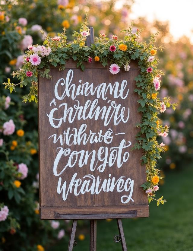 Signalétique de jardin calligraphiée pour un mariage