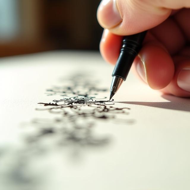 Gros plan sur une plume de calligraphie traçant des contours de massifs végétaux sur du papier texturé